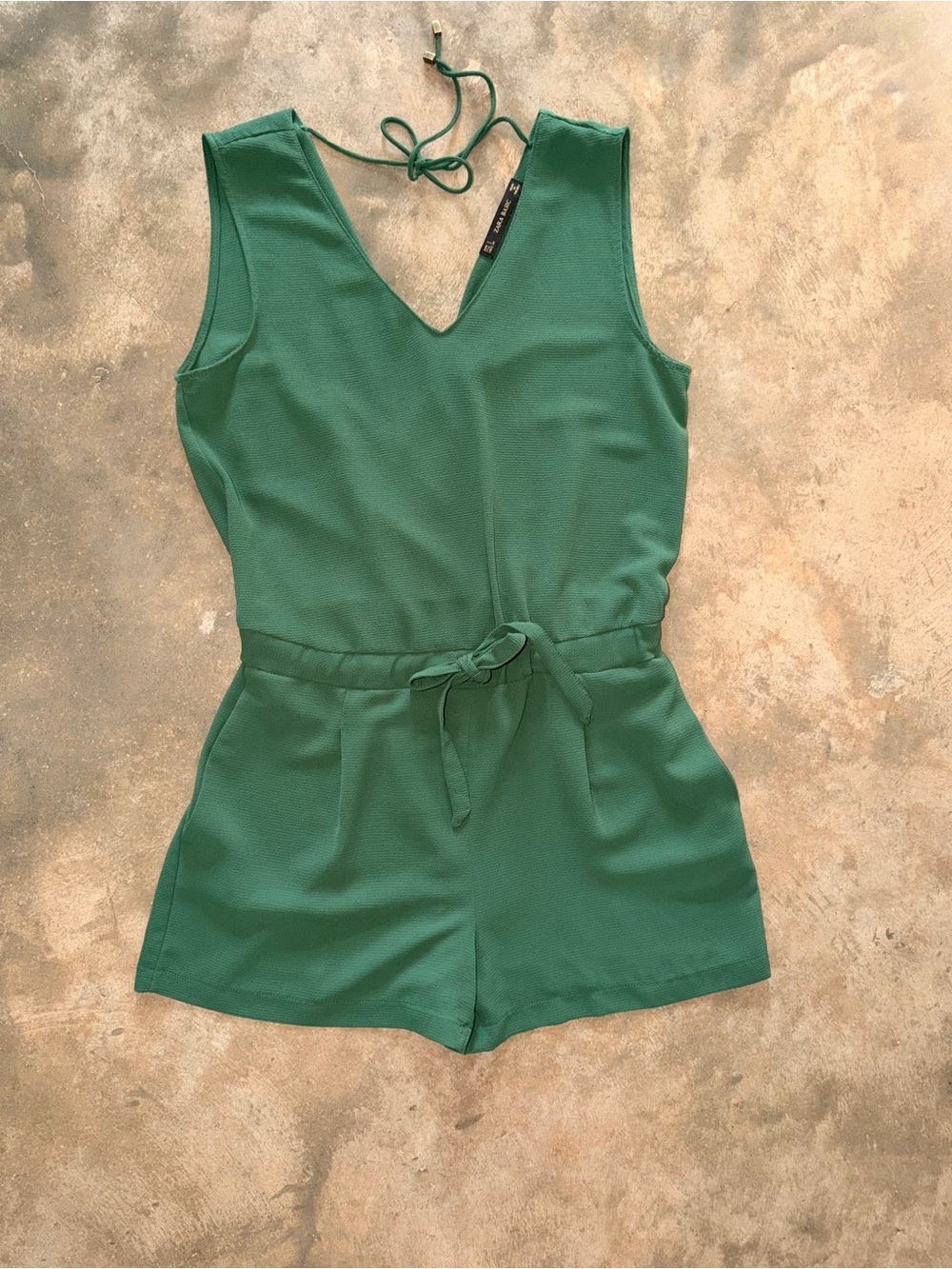 Zara Basic Green Sleeveless Tie Back Romper Pockets Size S Tailgate Football